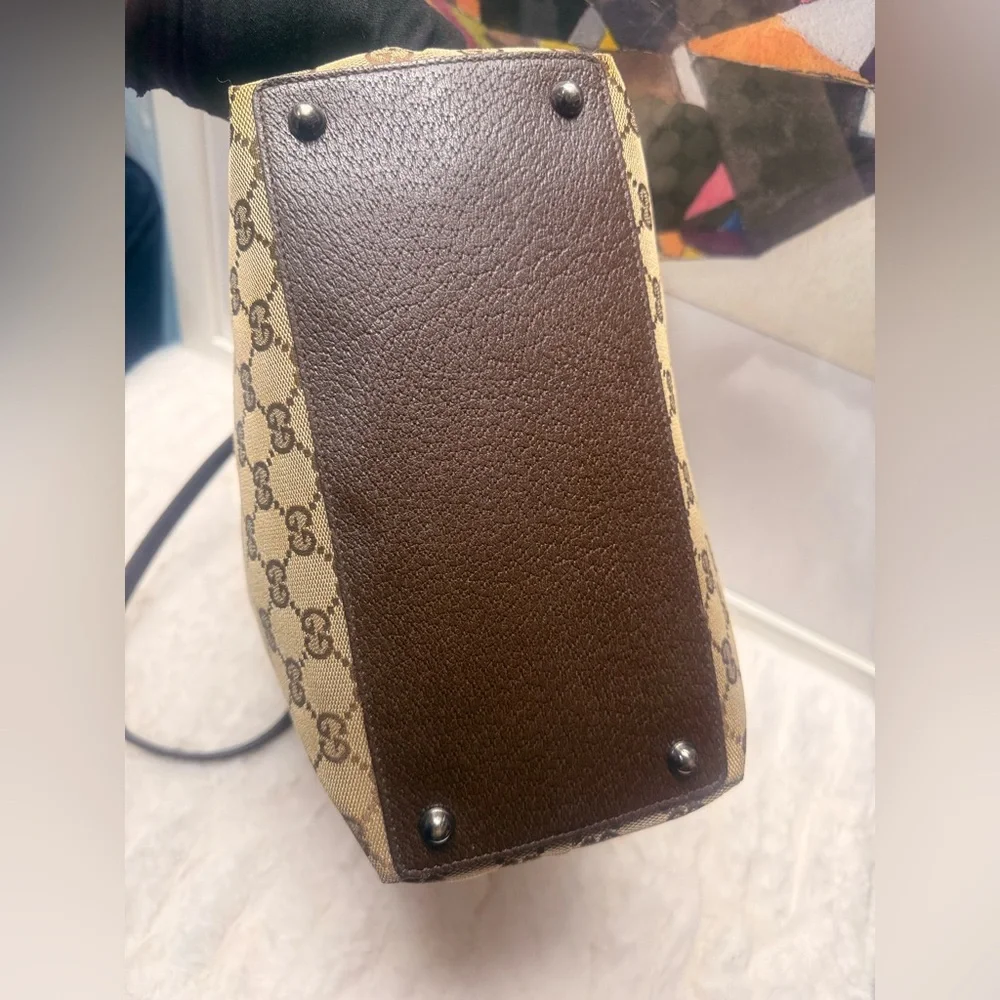 GUCCI-120836 002058 Beige Monogram Canvas Tote with Brown Leather Handle - Picture 12 of 14